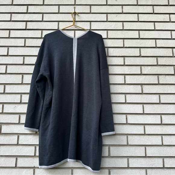 Eileen Fisher Merino Wool Open Front Cardigan Gray Contrast Trim Sustainable - Picture 10 of 13